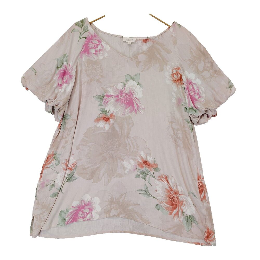 Oddy Women Size 1XL Floral Pink Multicolor Short Puff Sleeves V Neck Blouse